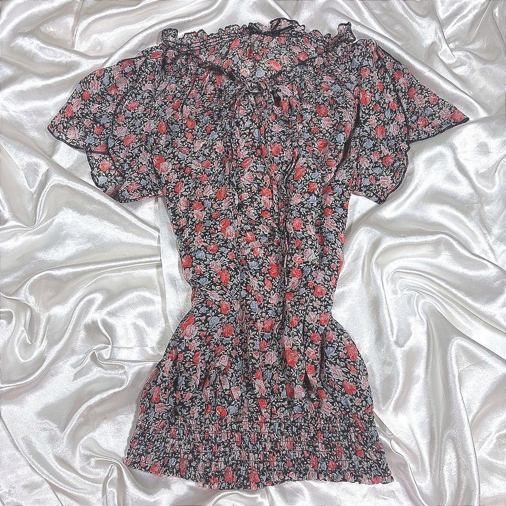 y2k Poetry Floral Blouse Black Excellent Smocked Waist Ruffle Flutter Sleeve
